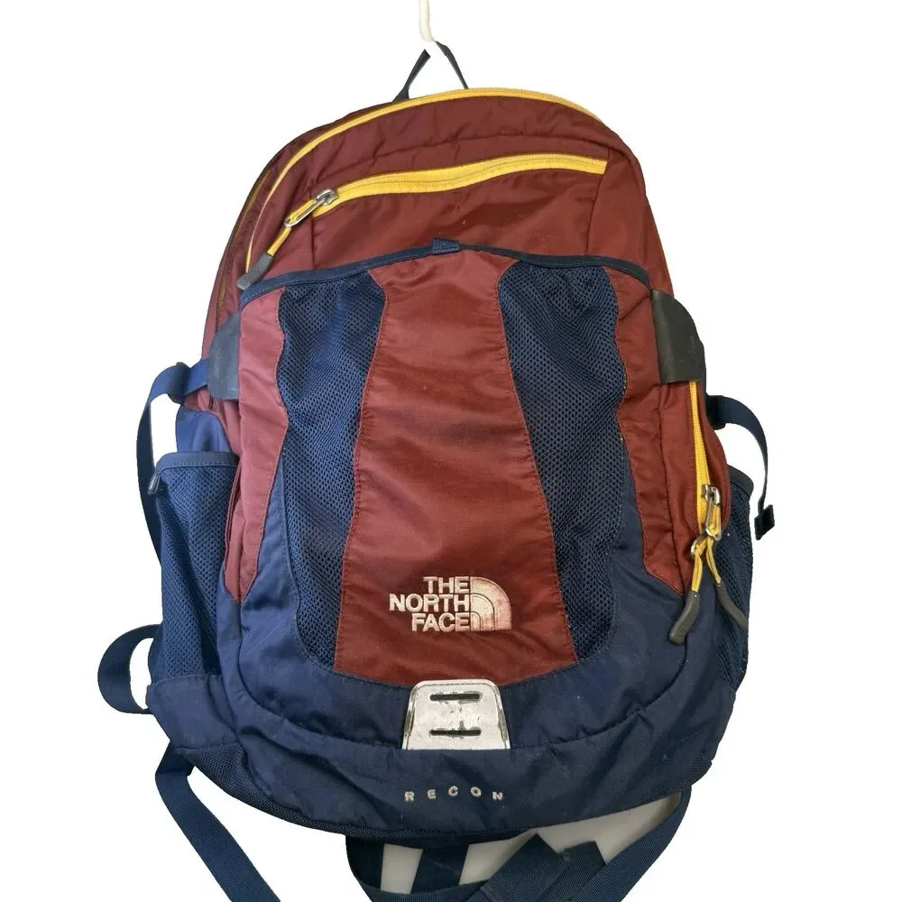 The North Face Recon Backpack Laptop Outdoor Hiking Burgundy Yellow GUC